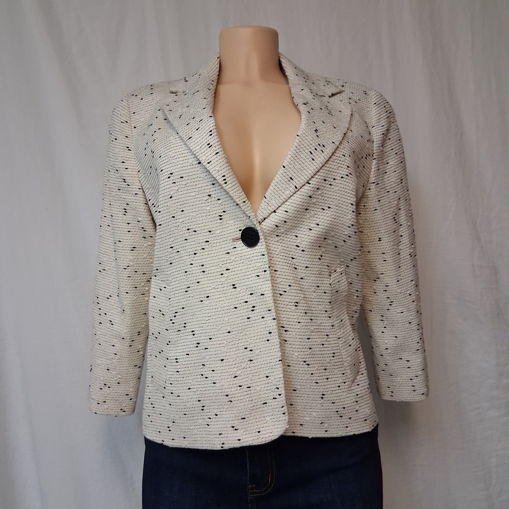 Talbots Women Size 8 Cream Textured Blazer Casual with Black Dots